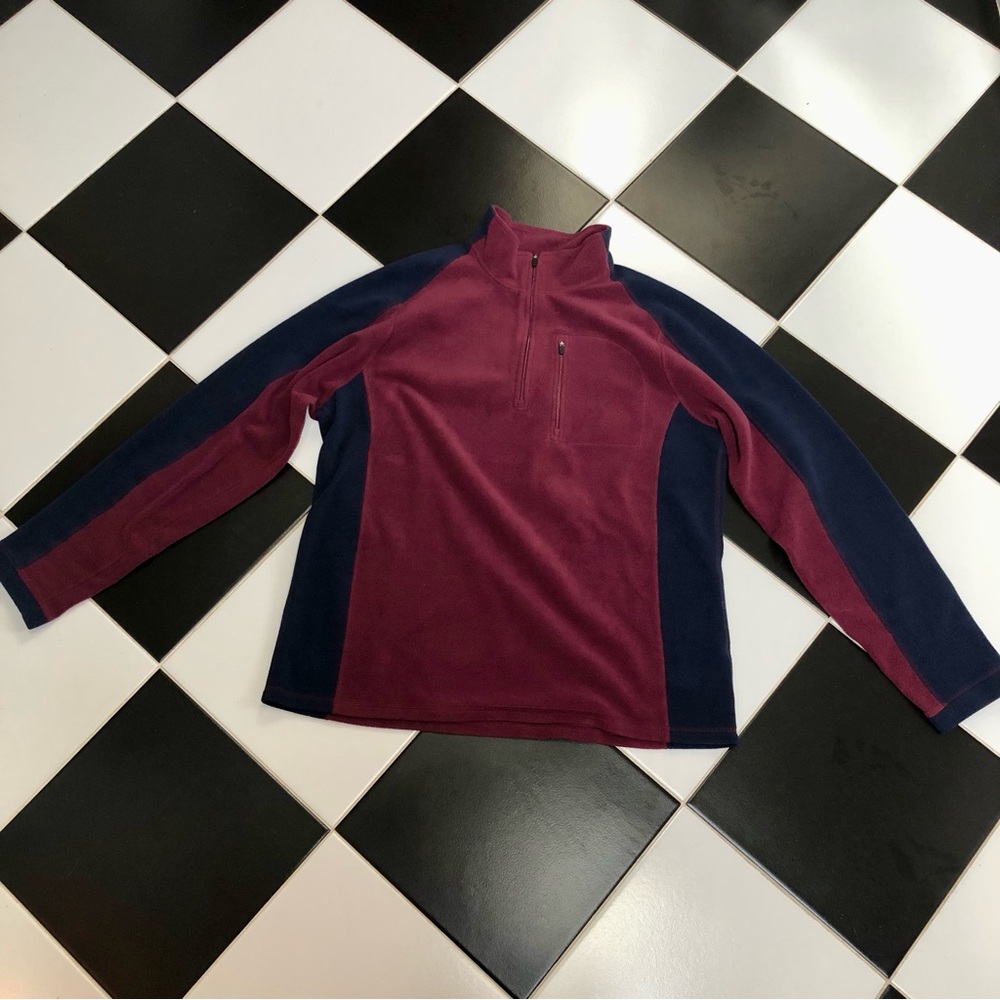LL Bean Fleece Pullover Jacket Quarter Zip Burgundy & Navy Blue Unisex sz L